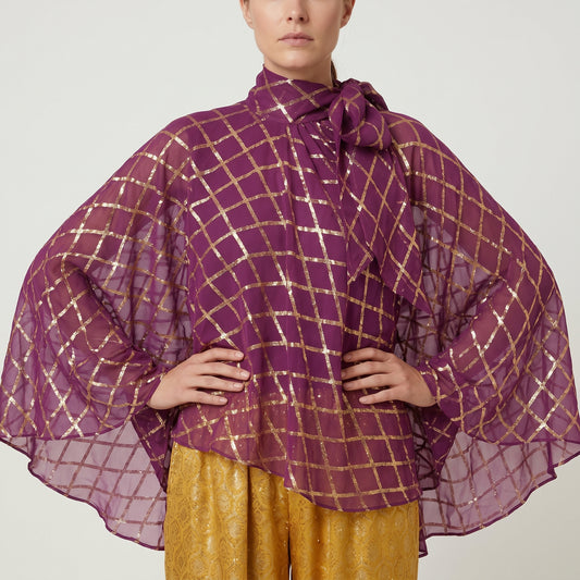 Metallic Grid Tie-Neck Cape