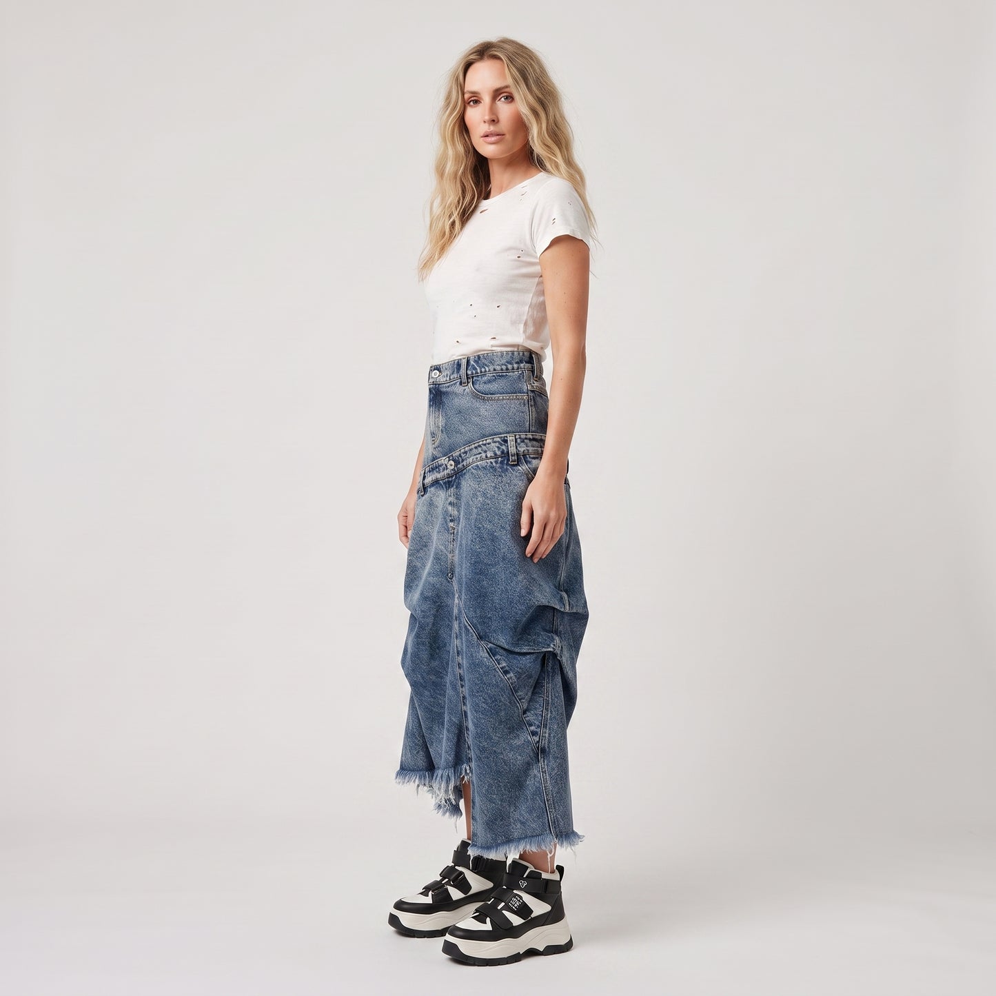 Layered Acid Wash Denim Skirt
