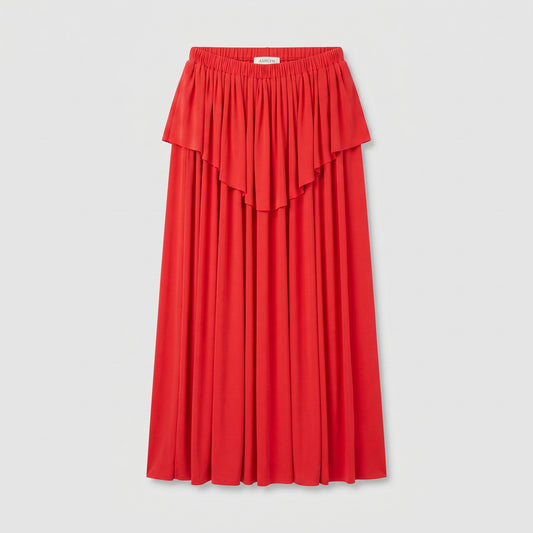 Red Pleated Ruffle Maxi Skirt