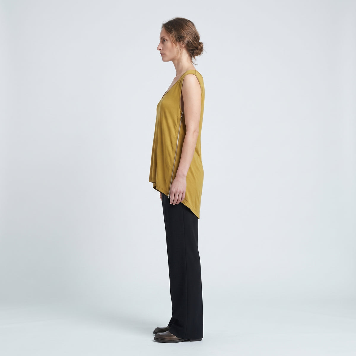 Zip-Detail Mustard Sleeveless Top