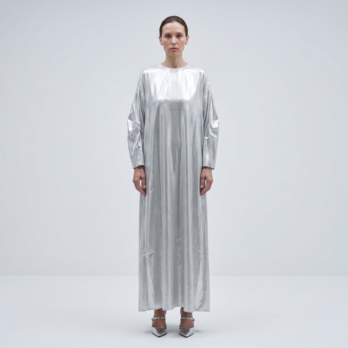 Metallic Silver Pleated Midi Dress