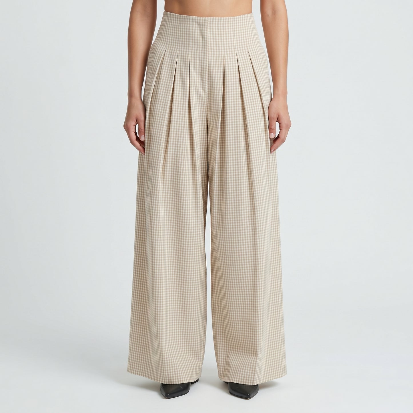 Gingham Pleated Wide Leg Trousers