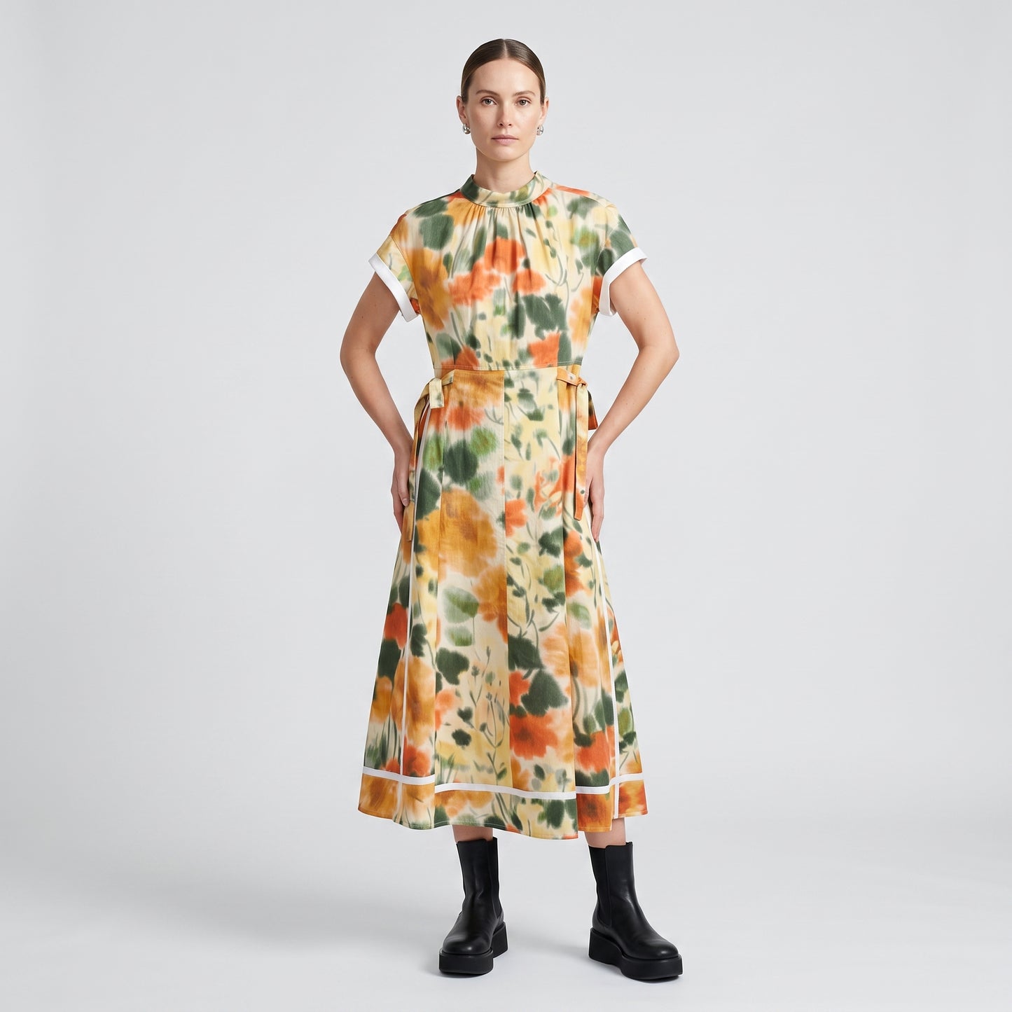 Floral Print Paneled Midi Dress