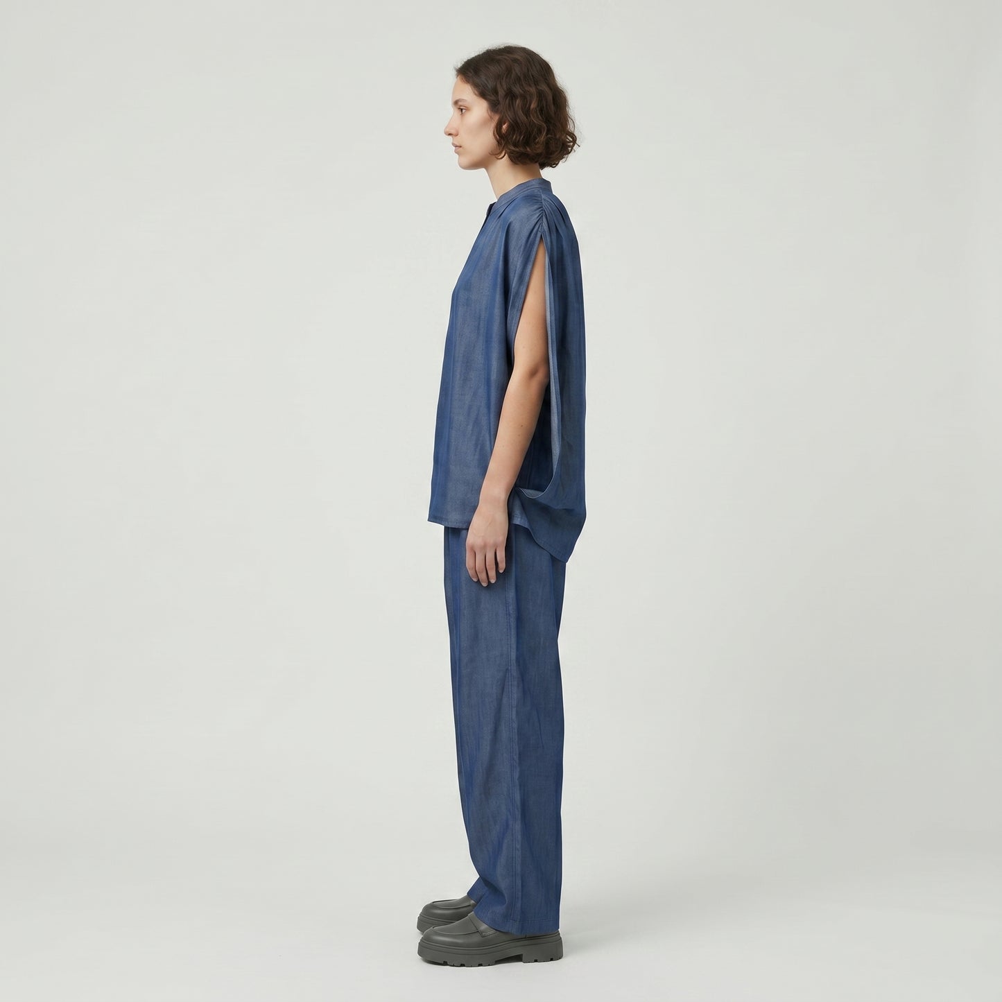 Sleeveless Denim Mandarin Collar Top