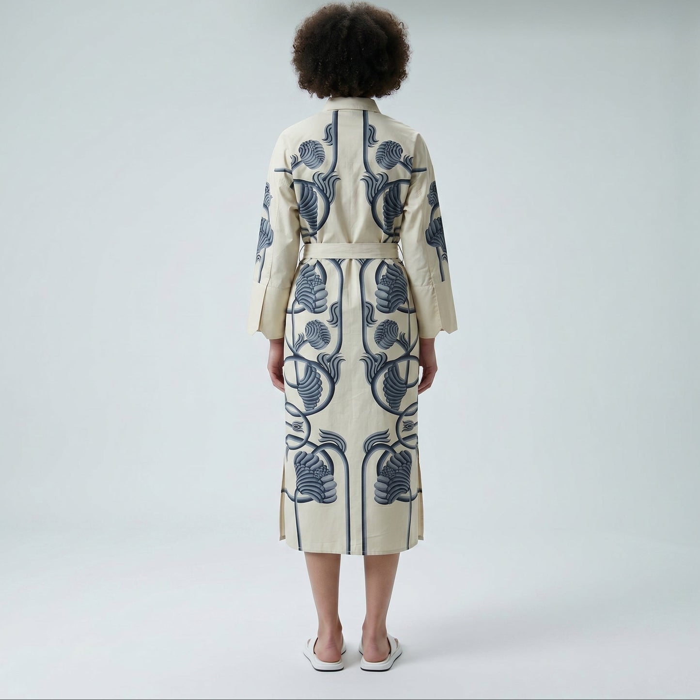 Embroidered Floral Belted Coat Dress