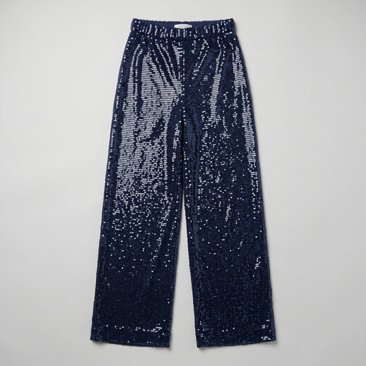 Navy Sequined Wide Leg Trousers