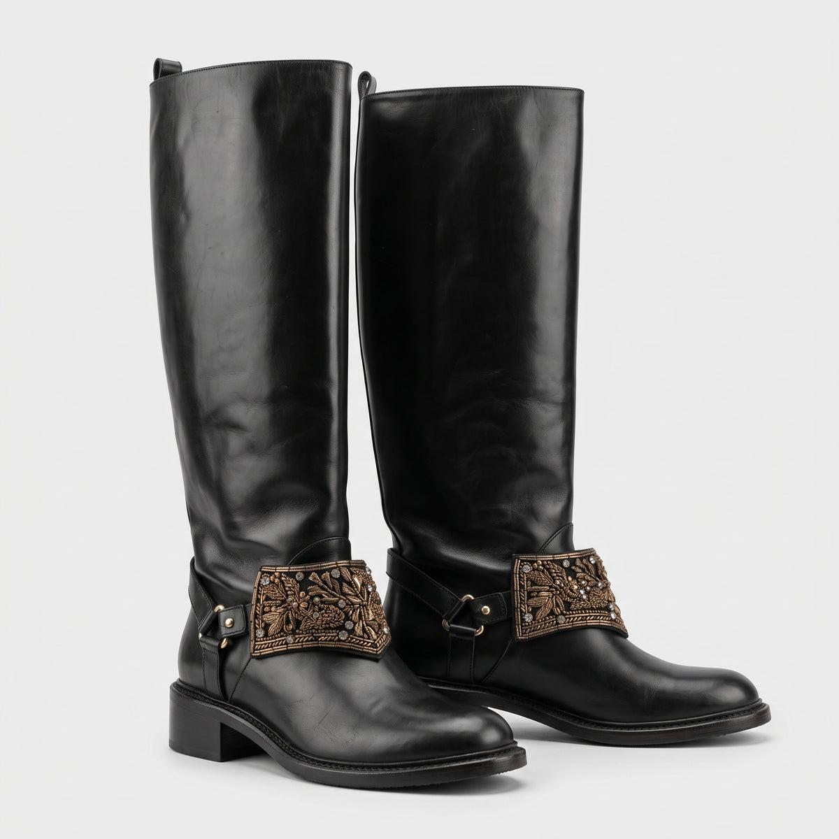 Embellished Leather Knee High Boots
