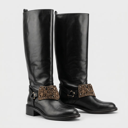 Embellished Leather Knee High Boots