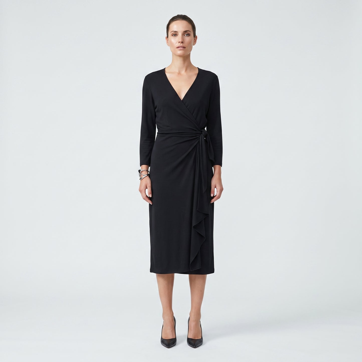 Classic Black Wrap Midi Dress