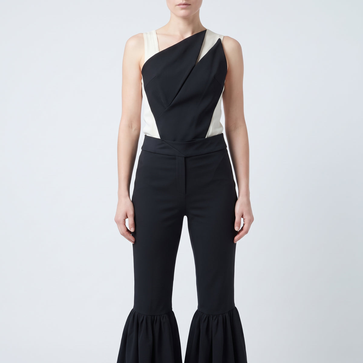 Black Ruffled Hem Tailored Trousers