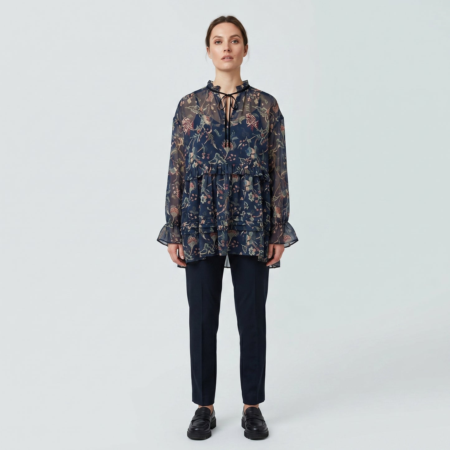Sheer Floral Ruffled Blouse