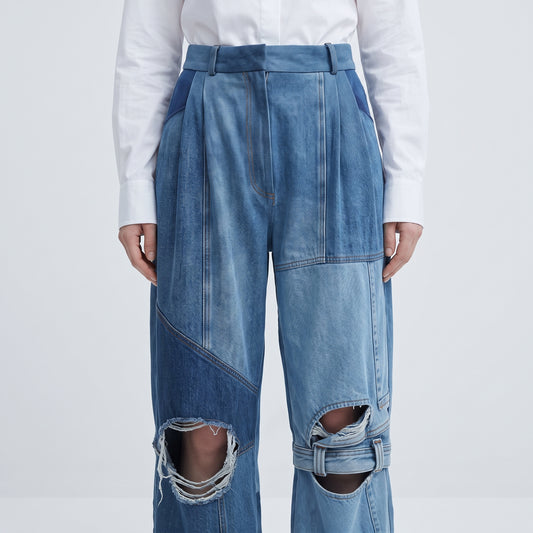 Deconstructed Pleated Denim Trousers