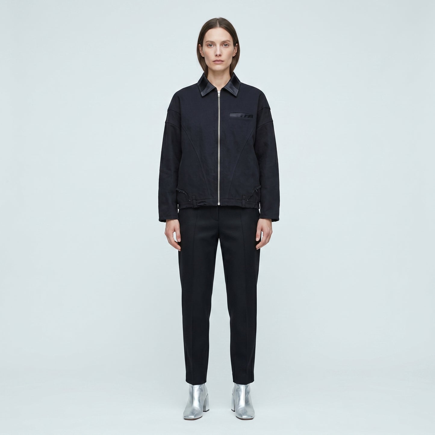Black Contrast Collar Zip Jacket