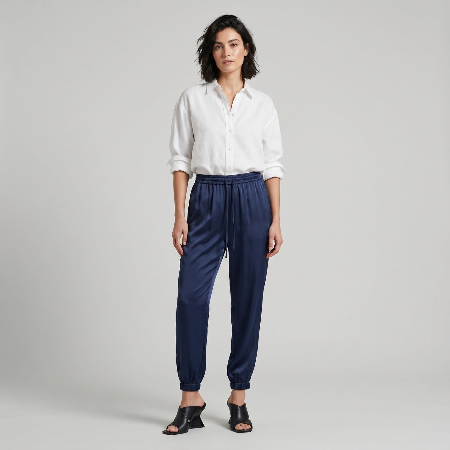 Navy Silk Drawstring Joggers