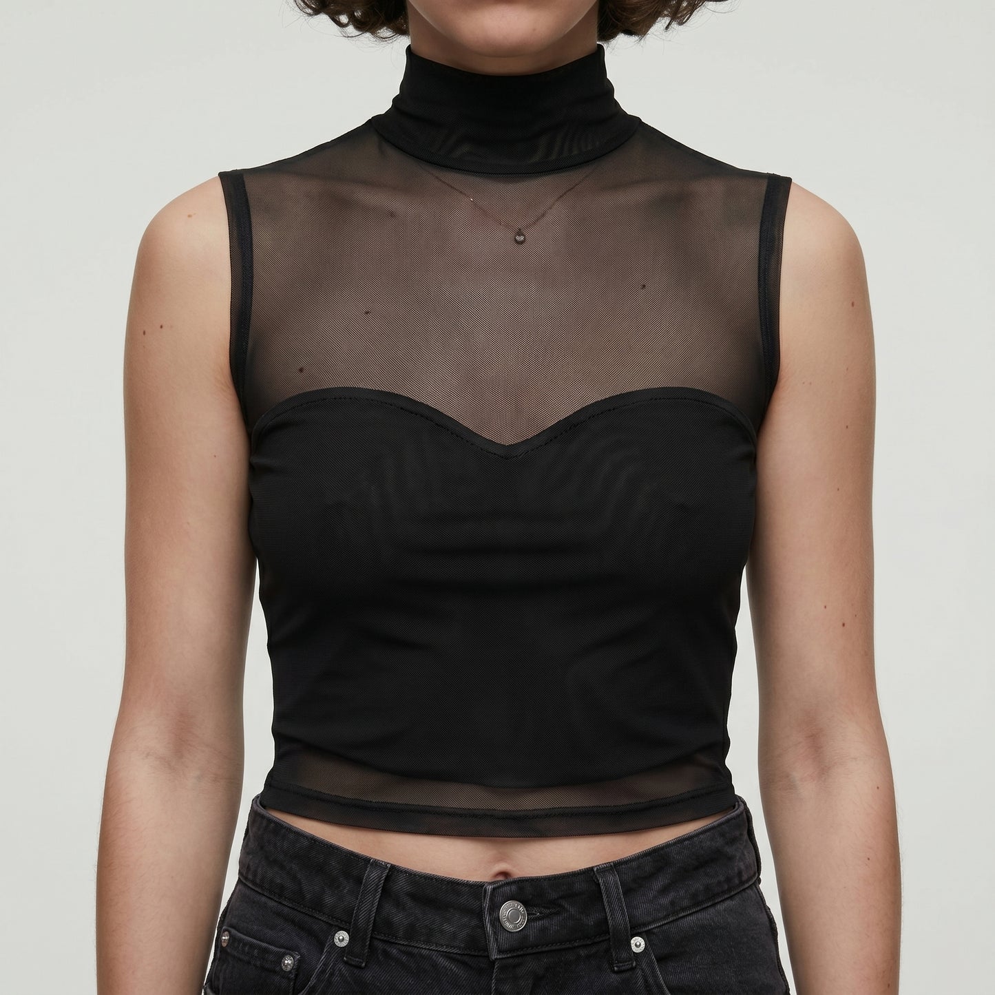 Sleeveless Sheer Mesh Mock-Neck Top