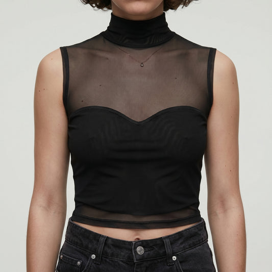 Sleeveless Sheer Mesh Mock-Neck Top