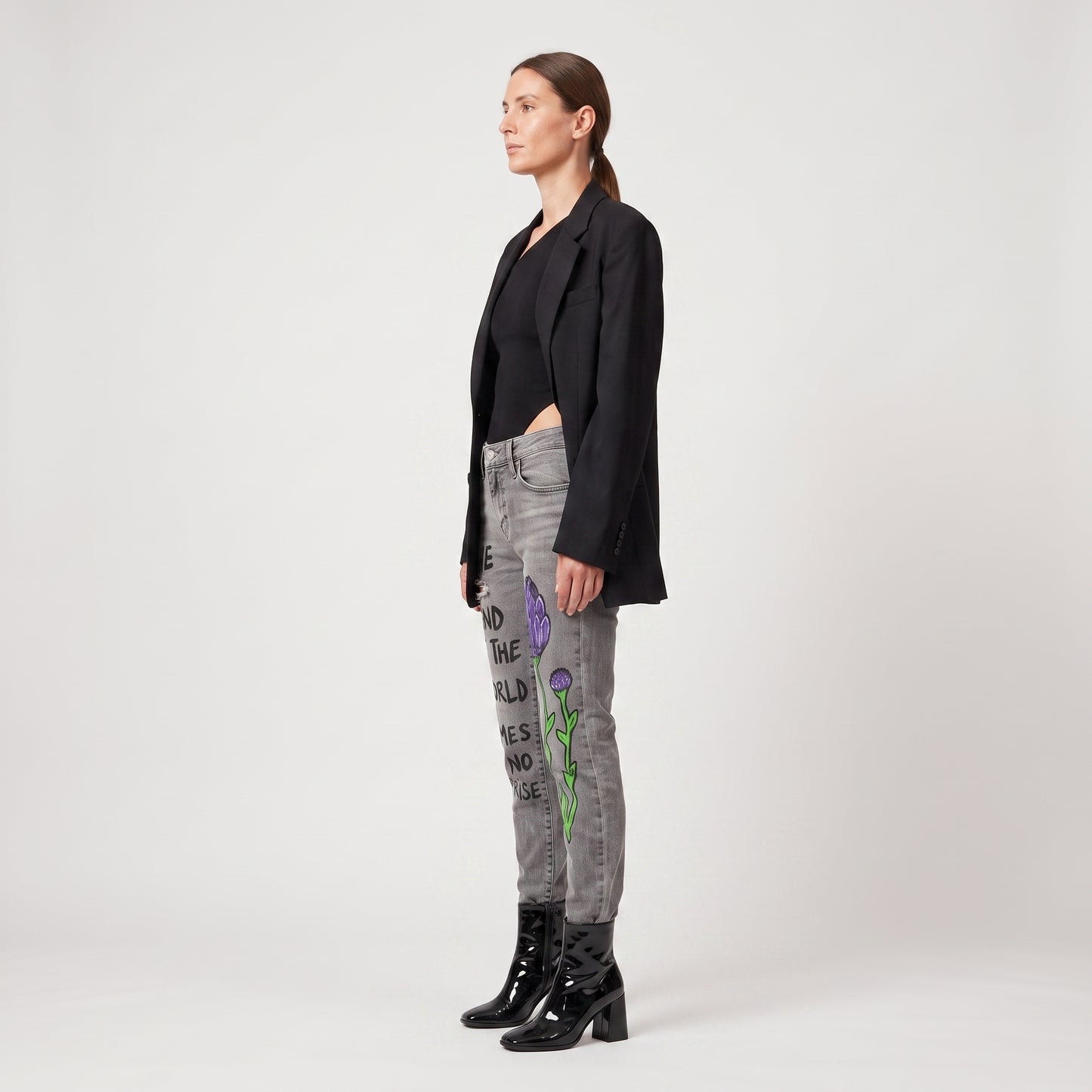 Graphic Printed Grey Denim Jeans