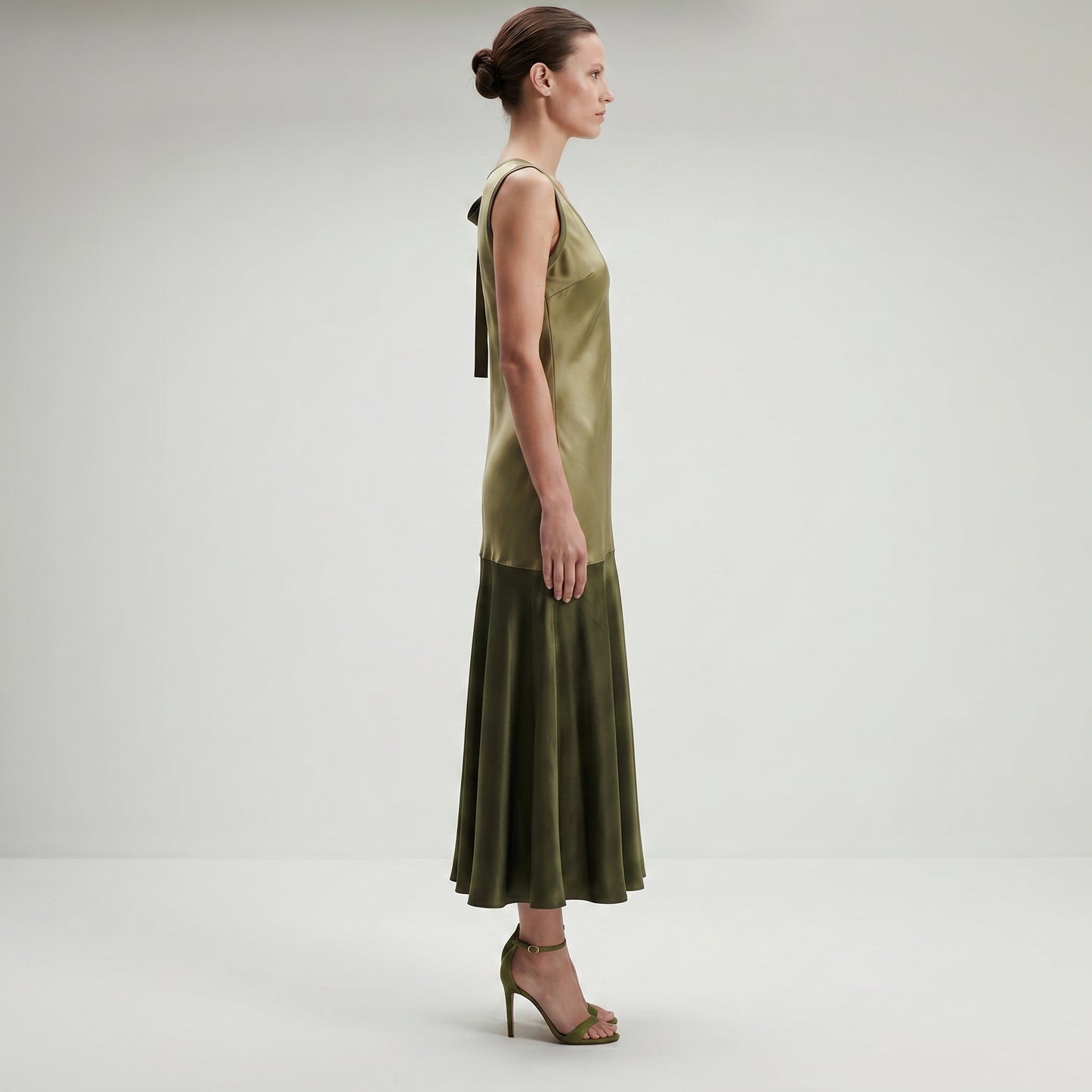 Two-Tone Satin Bow Midi Dress