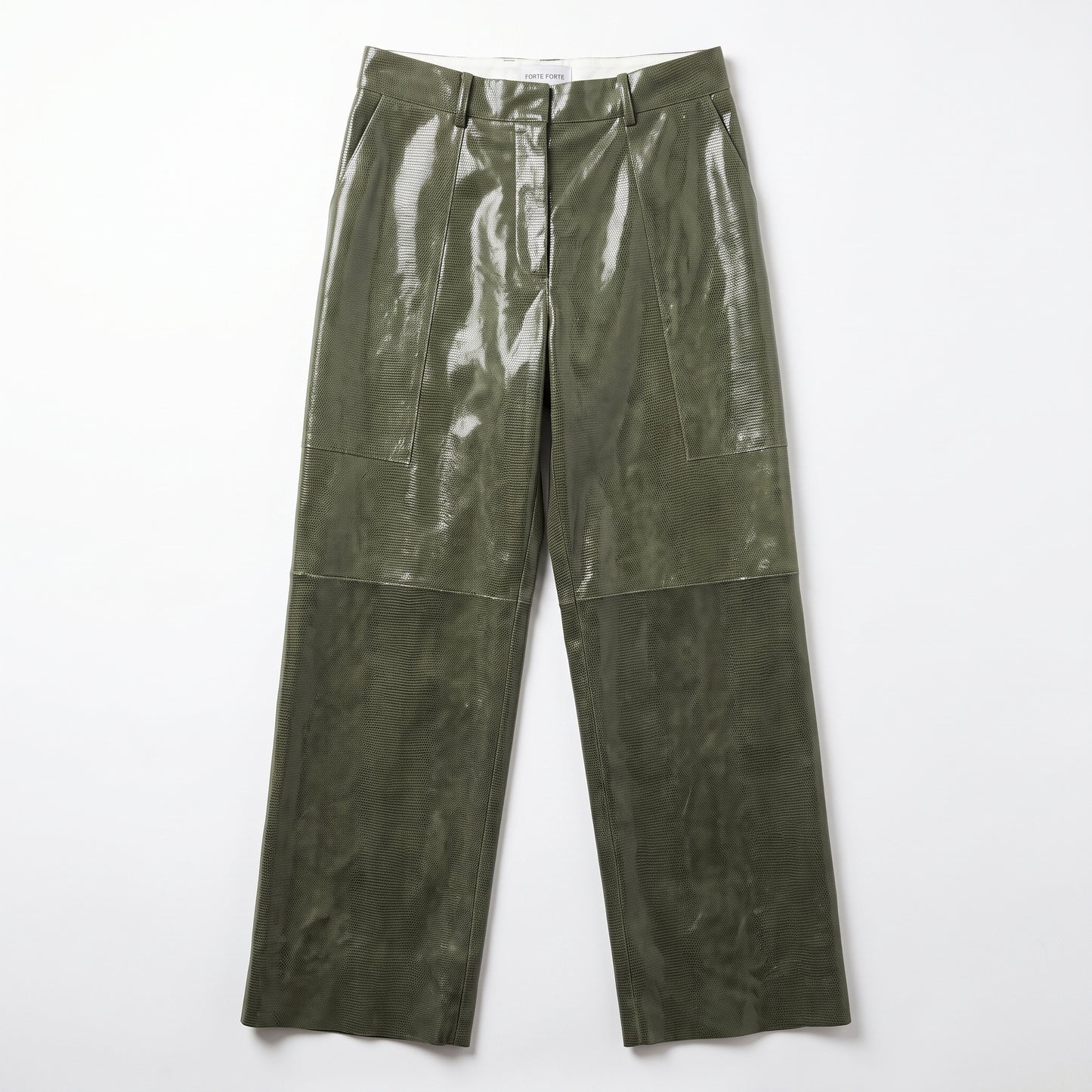 High-Waisted Olive Patent Trousers
