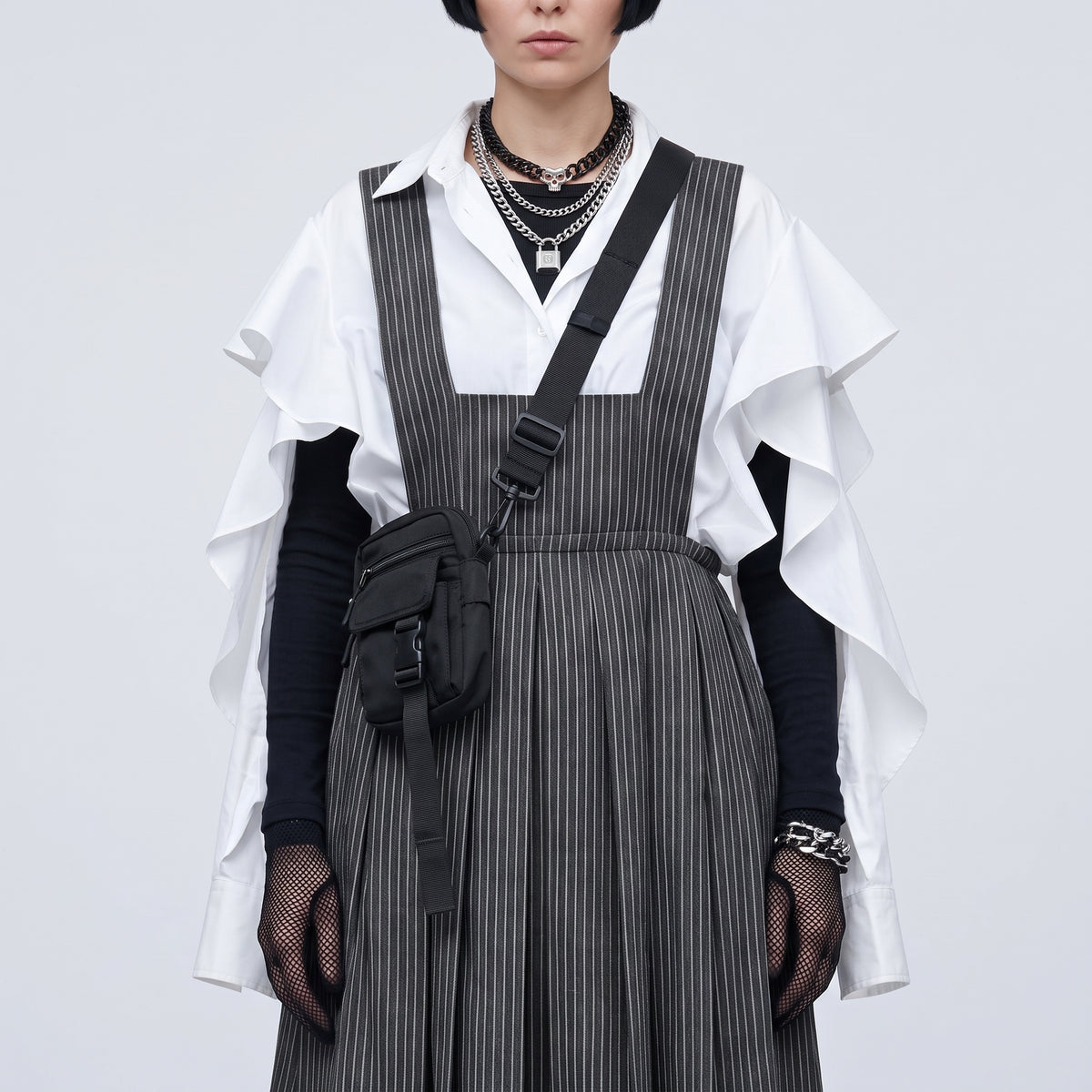 Pinstripe Gathered Pinafore Dress