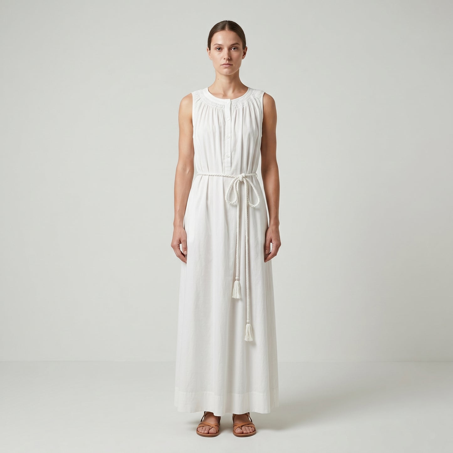 Sleeveless Gathered Linen Midi Dress