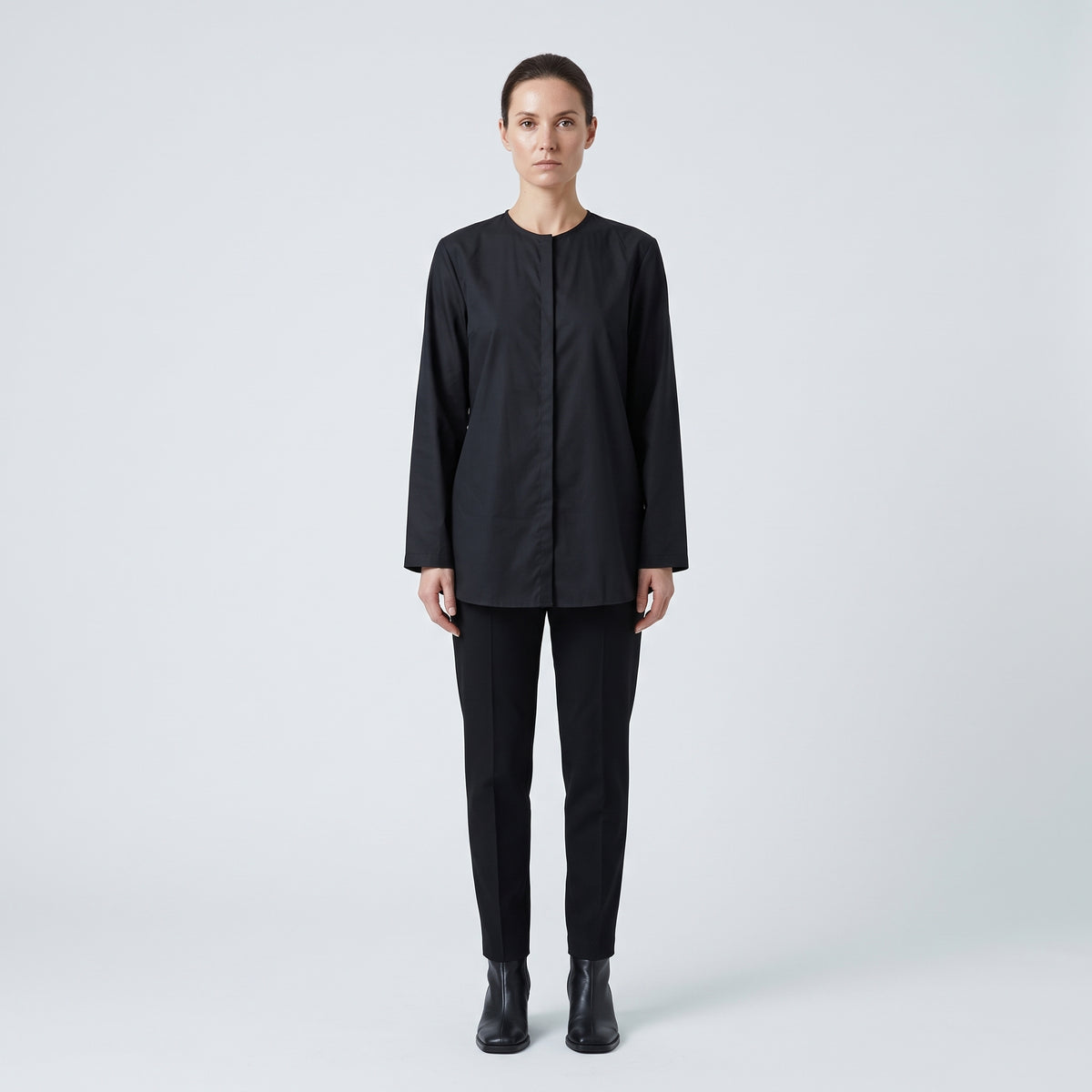Minimalist Black Collarless Cotton Blouse