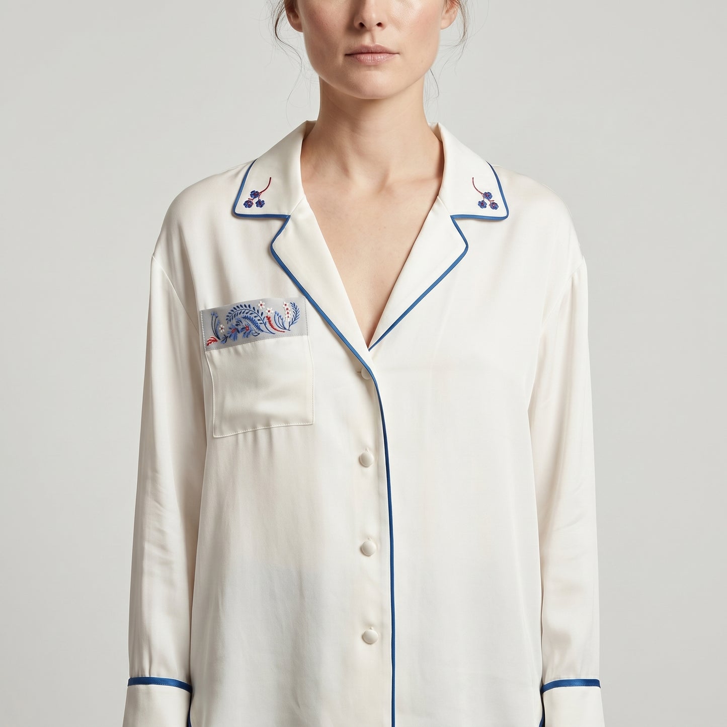 Embroidered Satin Pajama Shirt