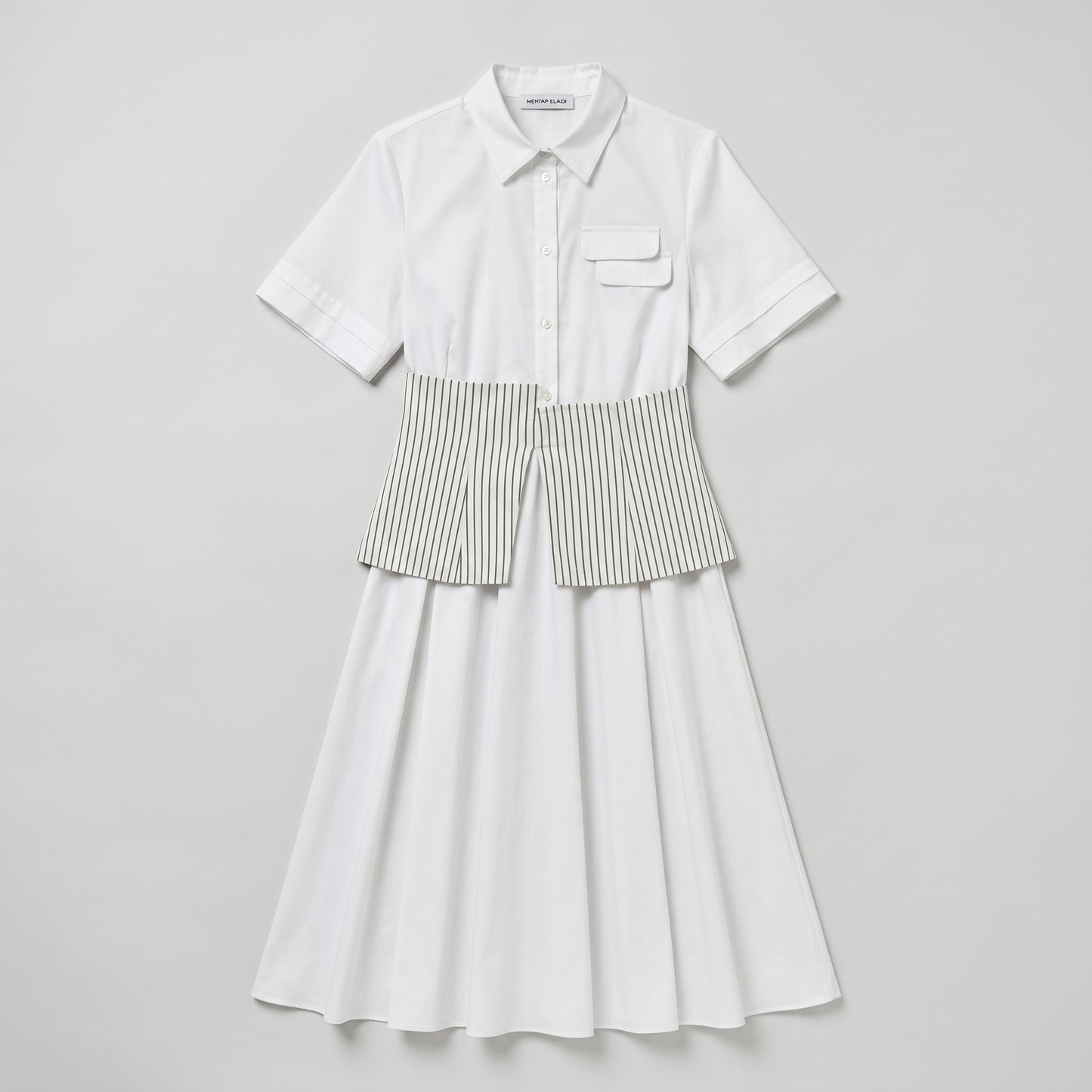 Striped Waist Pleated Shirt Dress