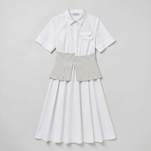 Striped Waist Pleated Shirt Dress
