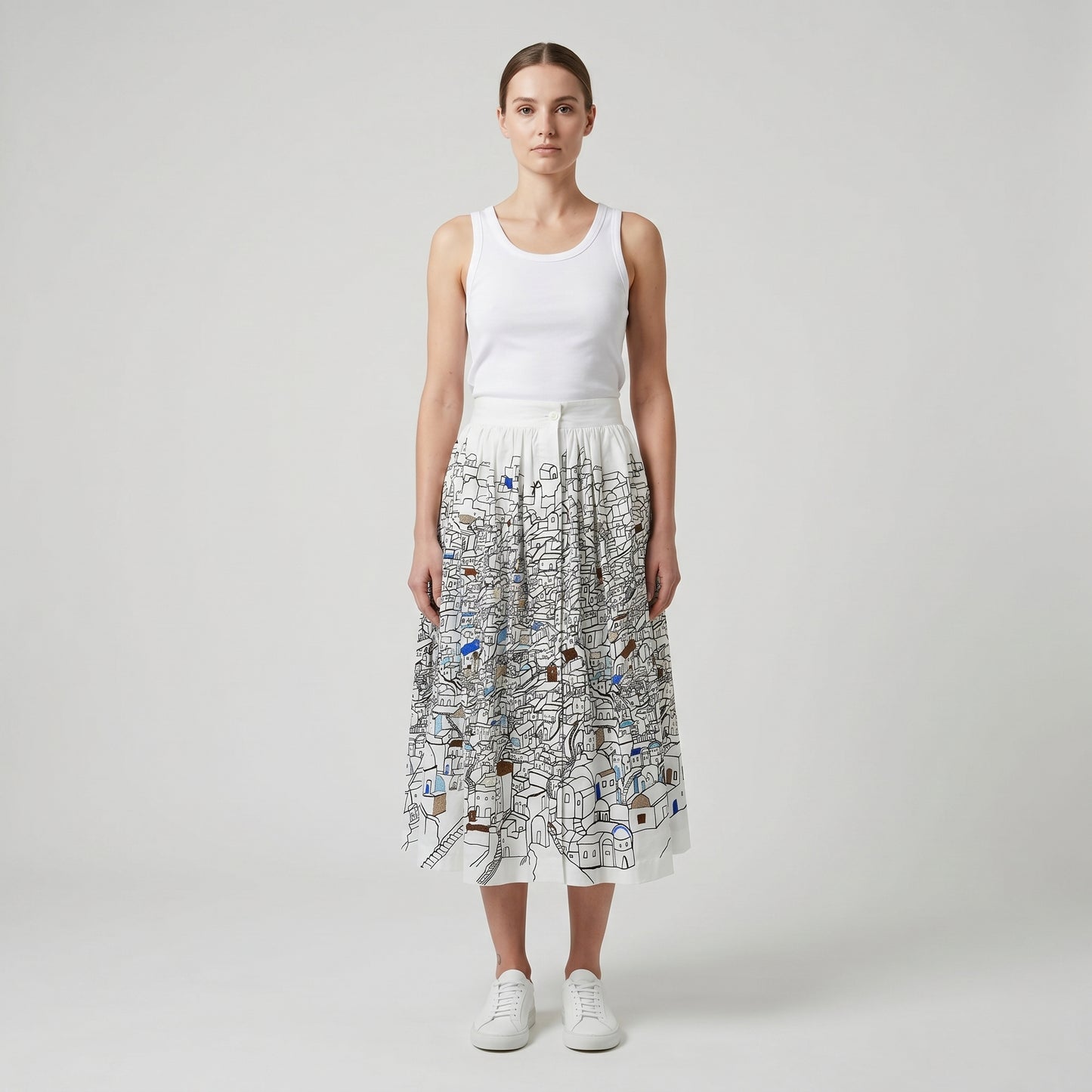 Mediterranean Village Print Midi Skirt