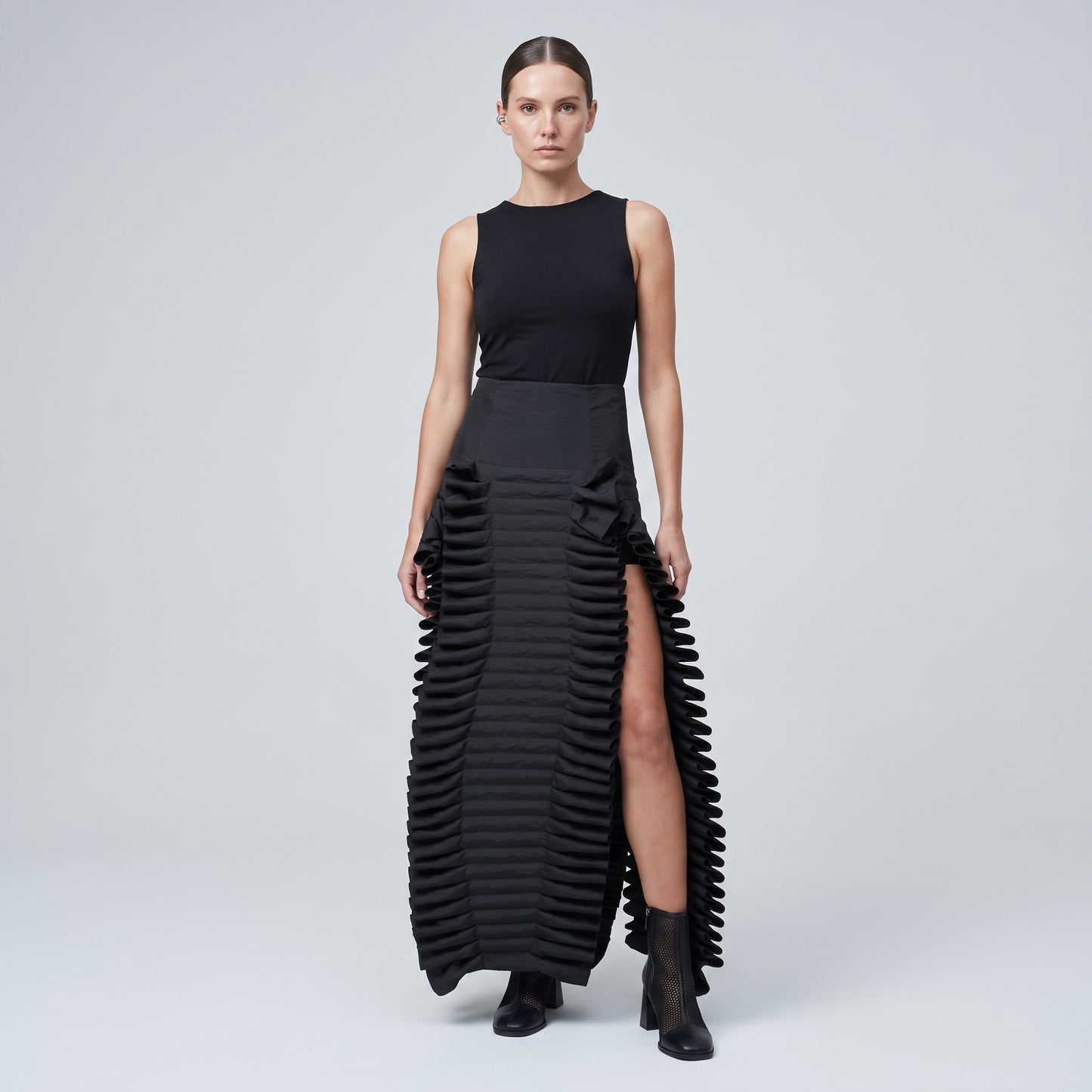 Ruffled High-Waisted Black Midi Skirt
