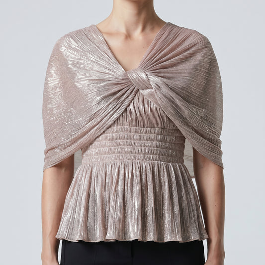 Metallic Pleated V-Neck Top