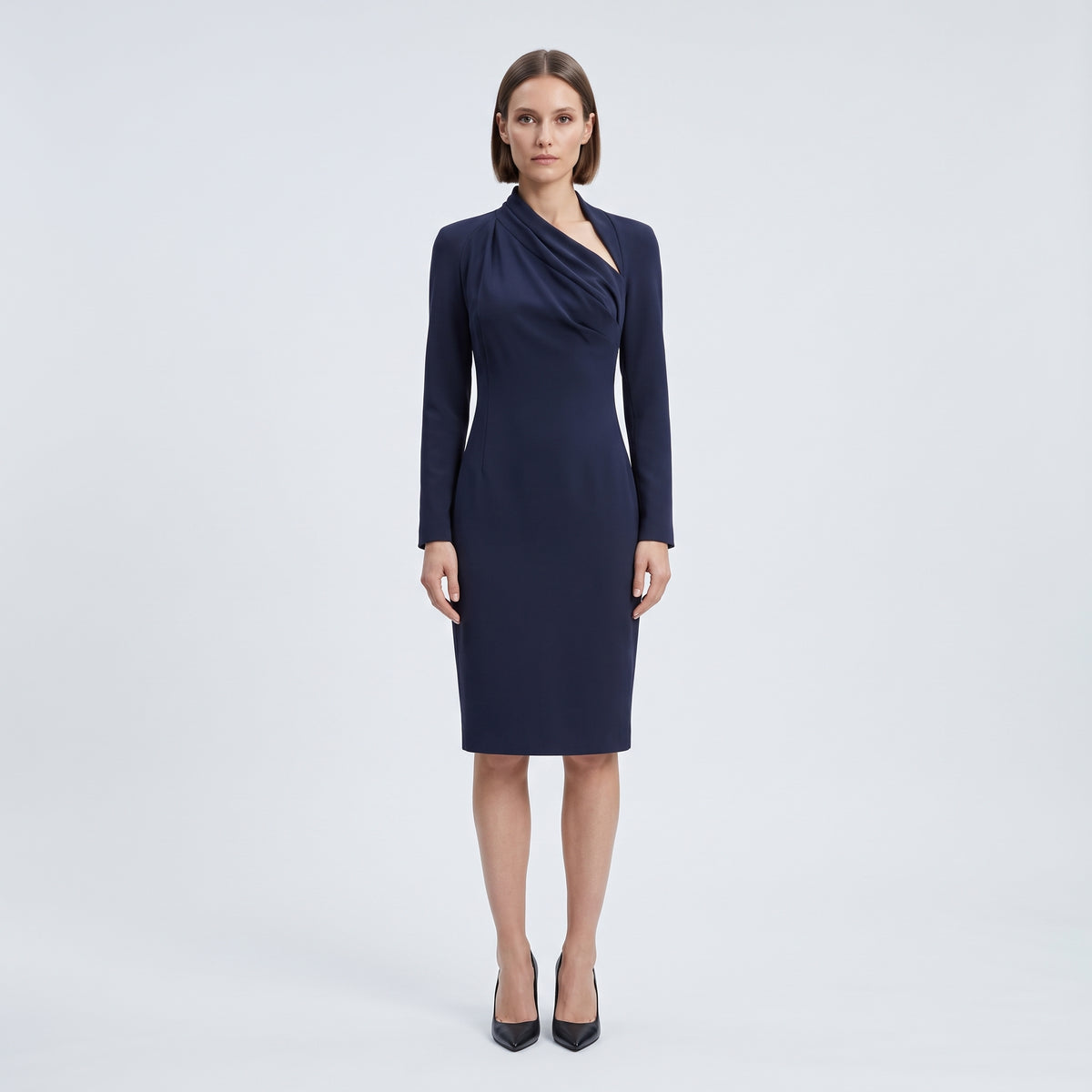 Navy Asymmetric Pleated Sheath Dress