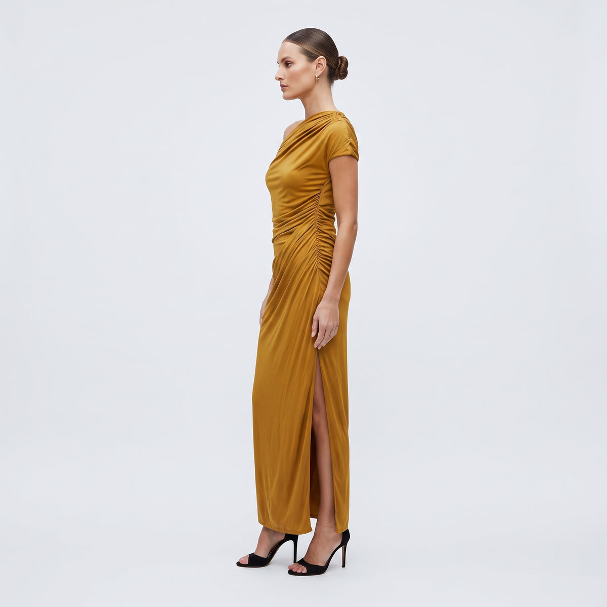 One-Shoulder Ruched Mustard Dress