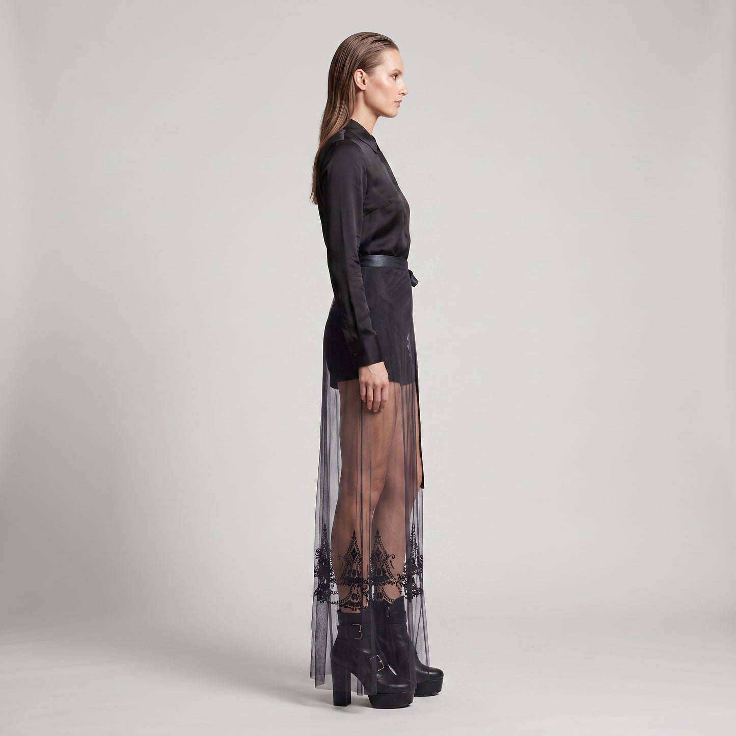 Embroidered Navy Tulle Midi Skirt