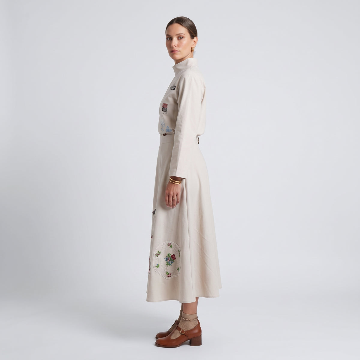 Embroidered Floral Beige Midi Skirt