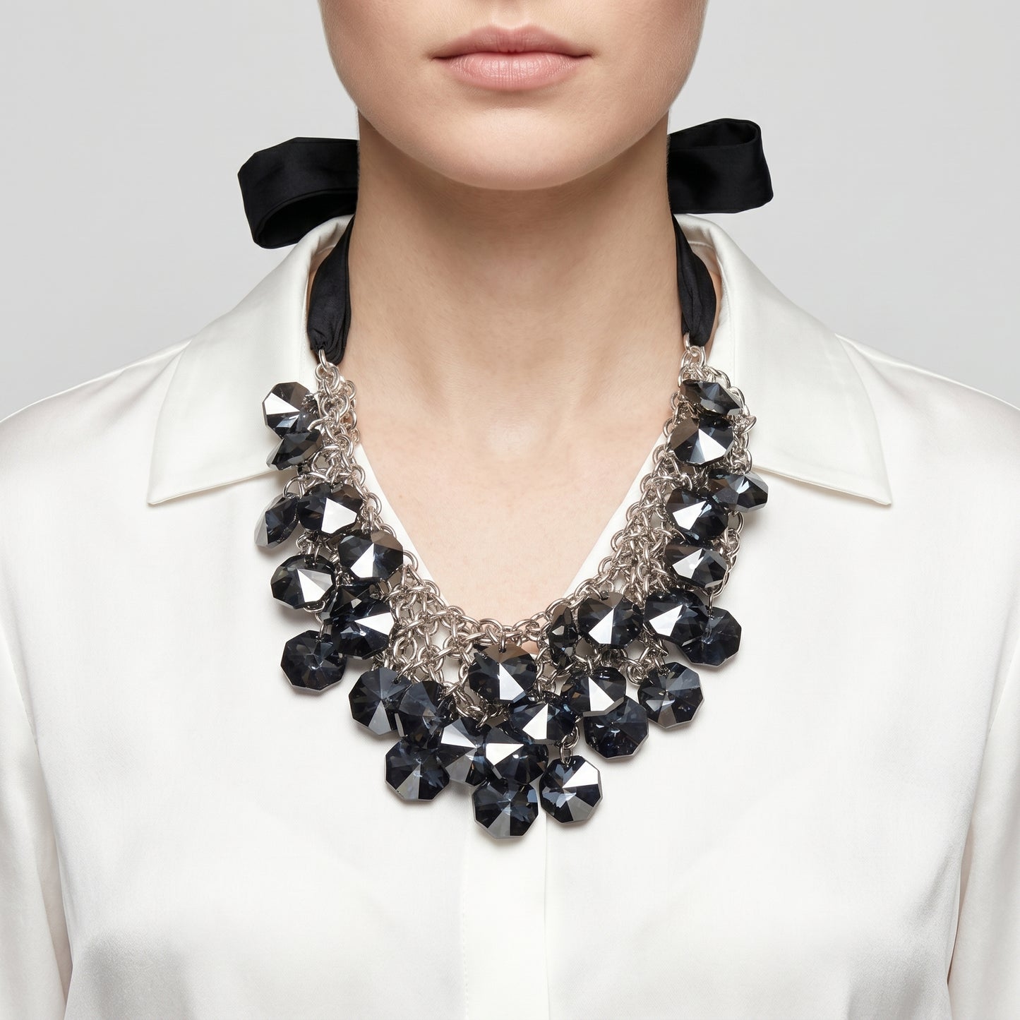 Crystal Cluster Ribbon Statement Necklace