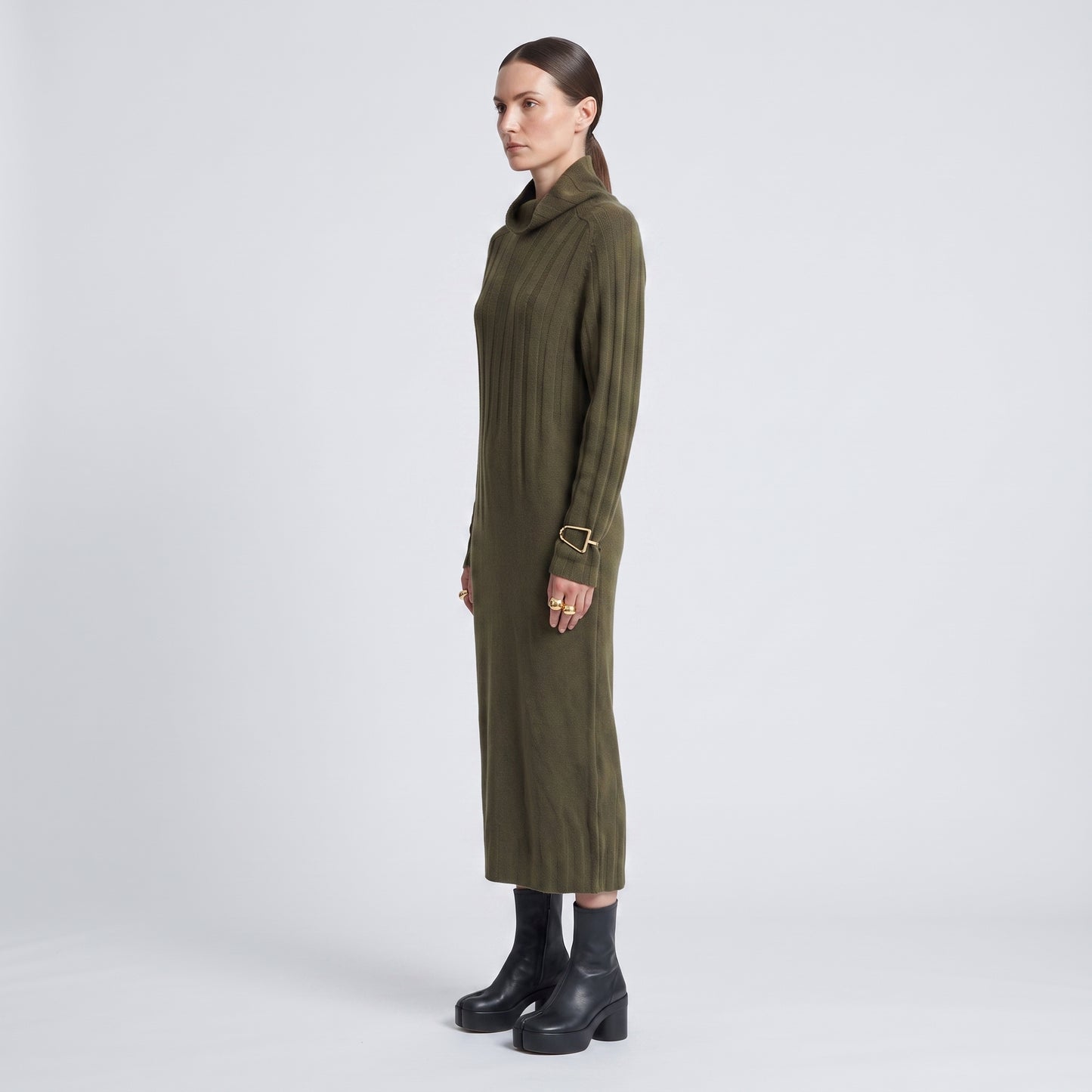 Olive Ribbed Knit Sweater Dress