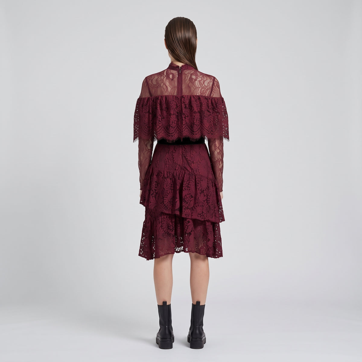 Burgundy Lace Ruffle Mini Dress