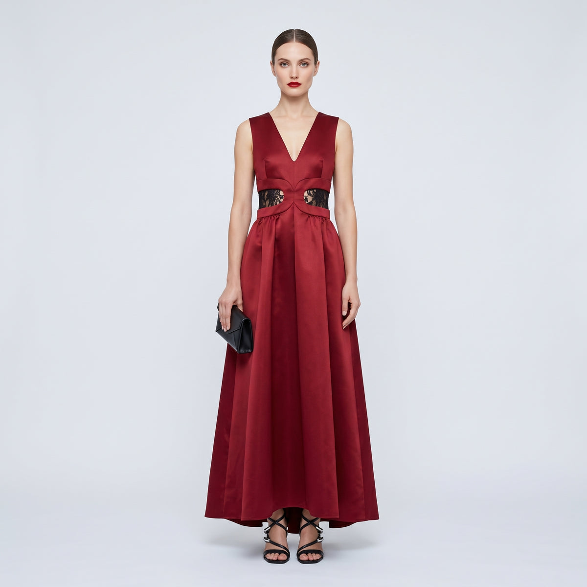 Burgundy Lace-Inset Evening Dress