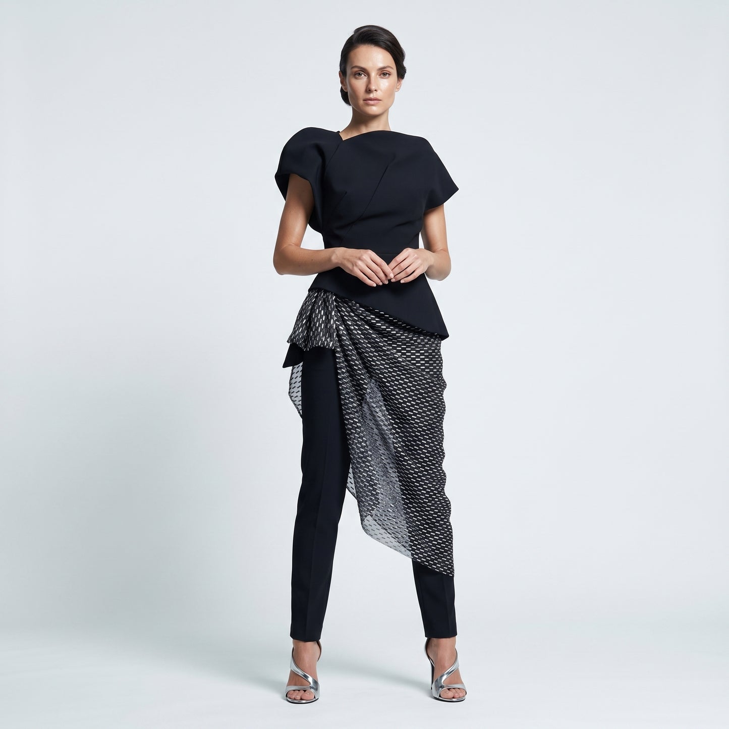 Draped Metallic Overlay Slim Trousers