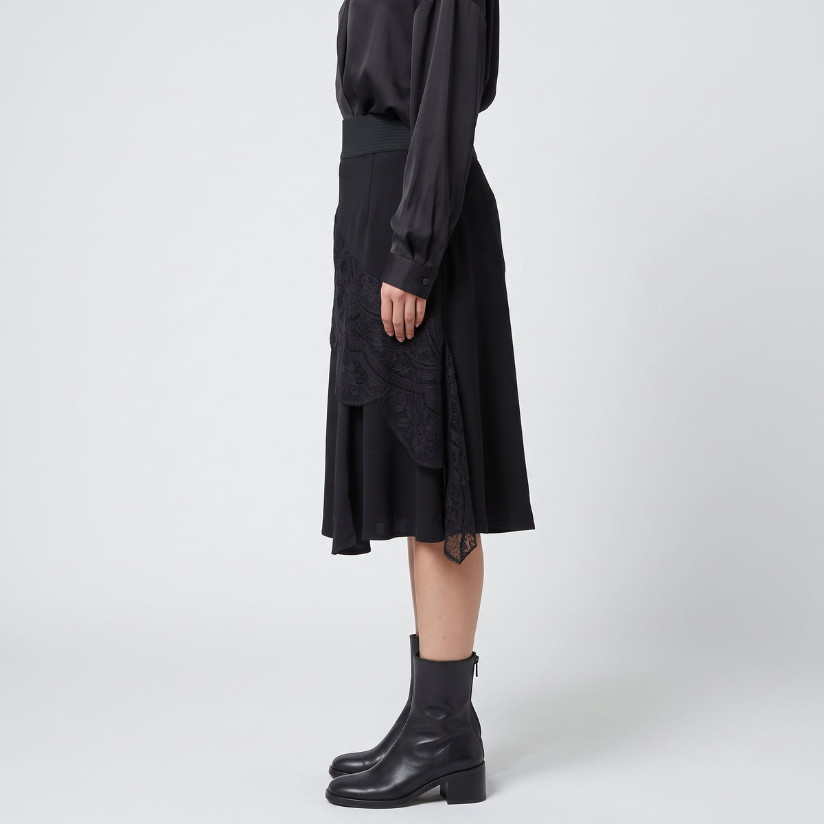 Asymmetric Lace Detail Midi Skirt