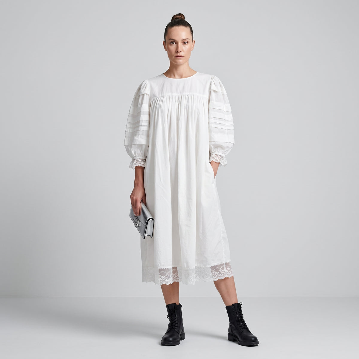 White Pleated Cotton Midi Dress