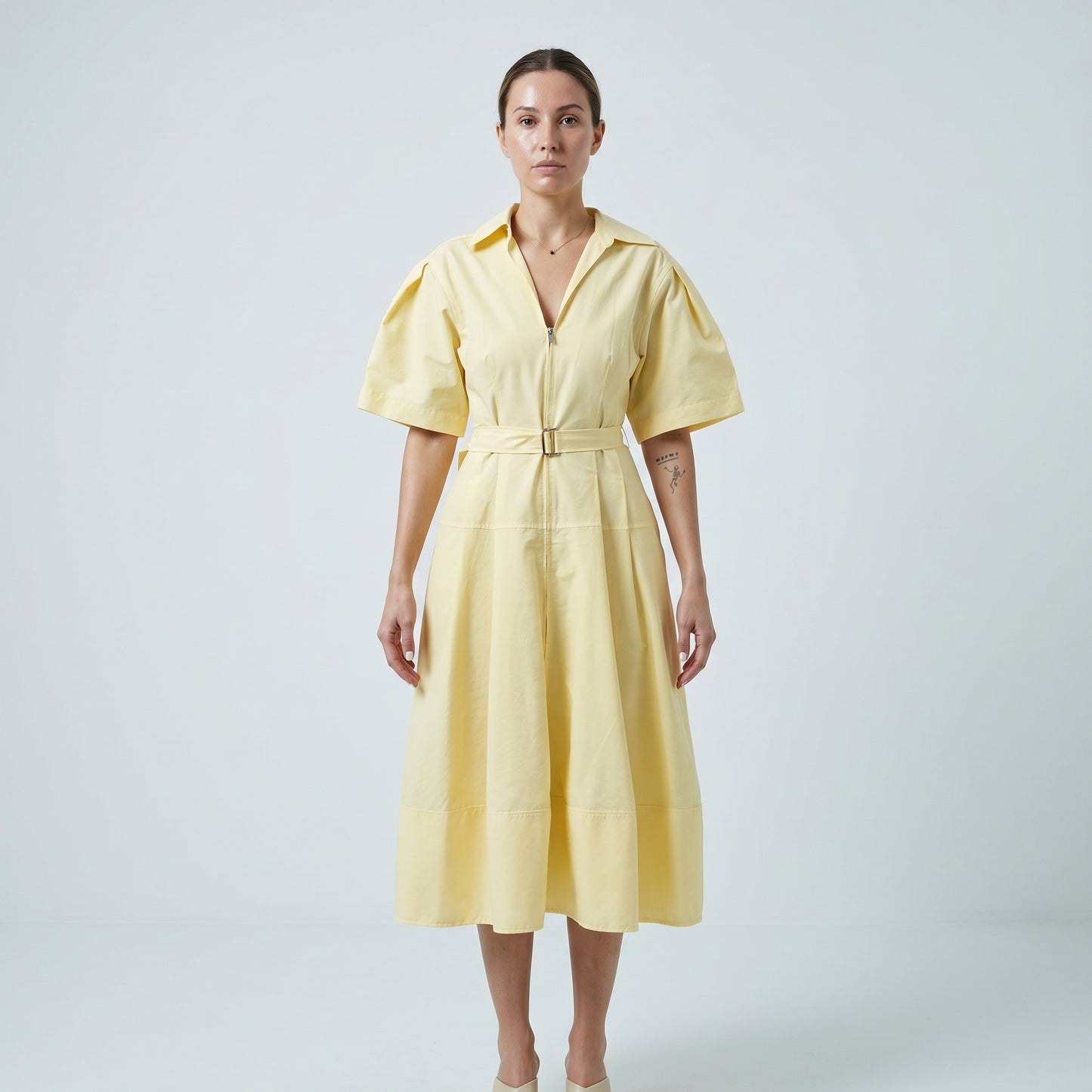Belted Yellow Collared Midi Dress