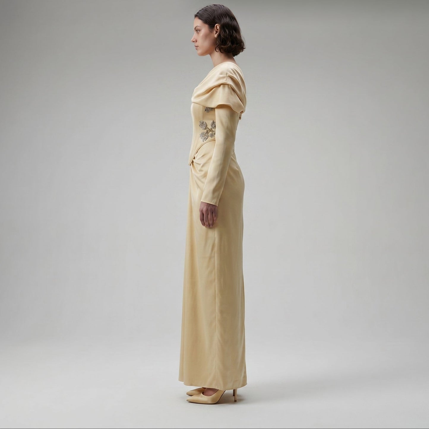 Embellished One-Shoulder Drape Gown