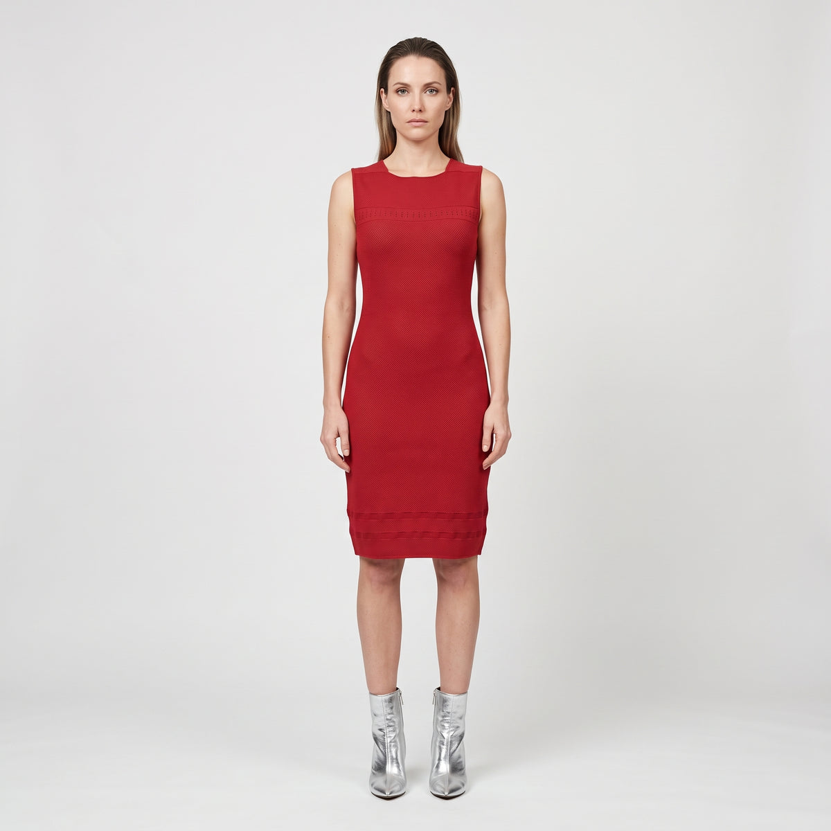 Red Textured Sleeveless Sheath Dress
