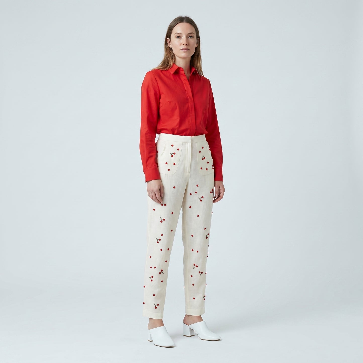 Embroidered Cherry High-Waisted Trousers