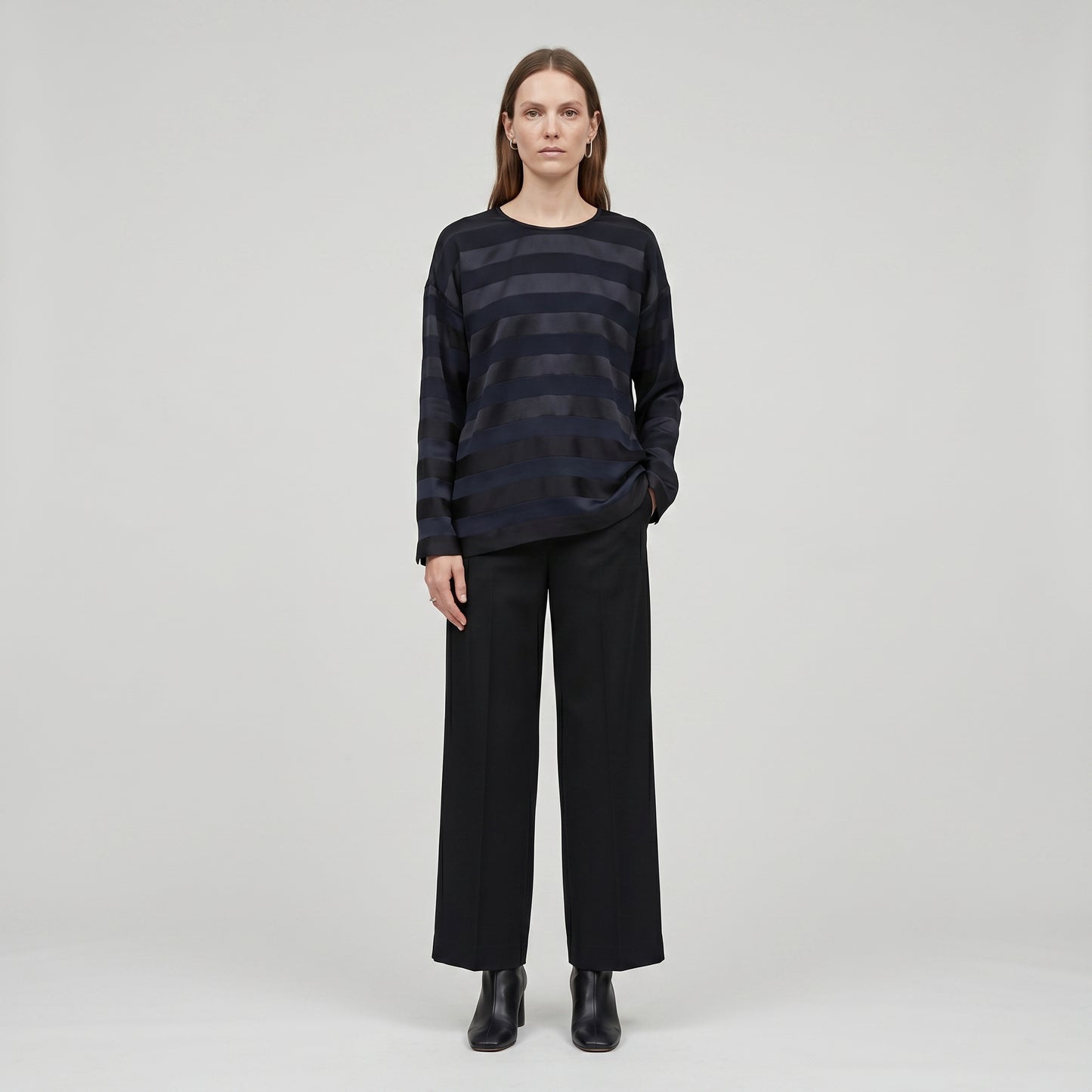 Navy Striped Satin Blouse