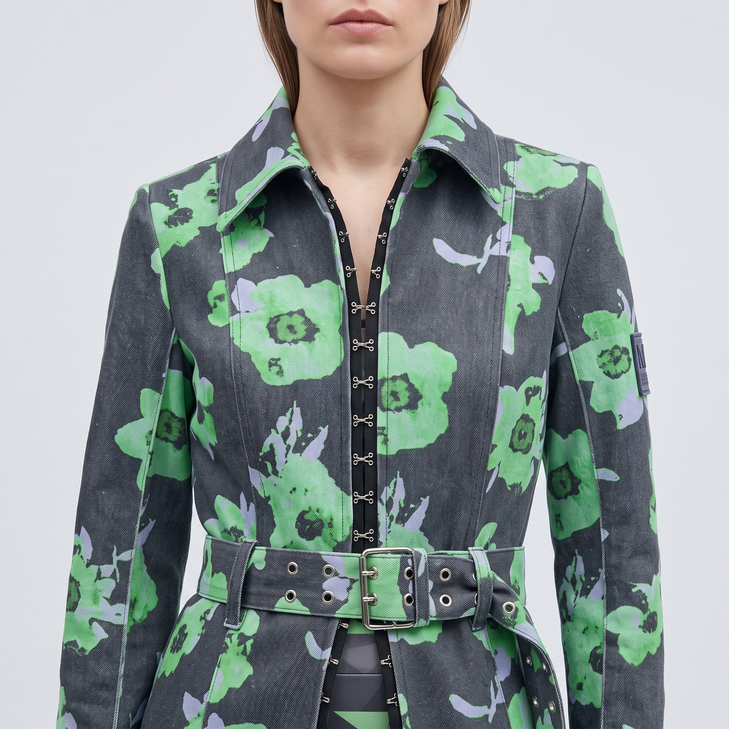 Floral Print Belted Denim Coat