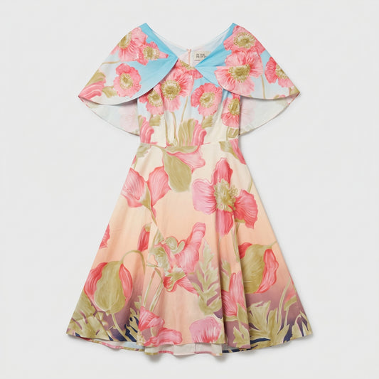 Floral Cape Effect Flare Dress